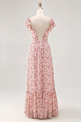 Blush Blumen Druck Rüschen A Linie Hochzeitsgastkleid mit Schlitz